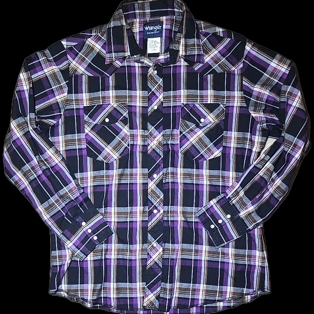 Vintage 90's Wrangler Pearl Snap Purple Plaid Western Shirt.